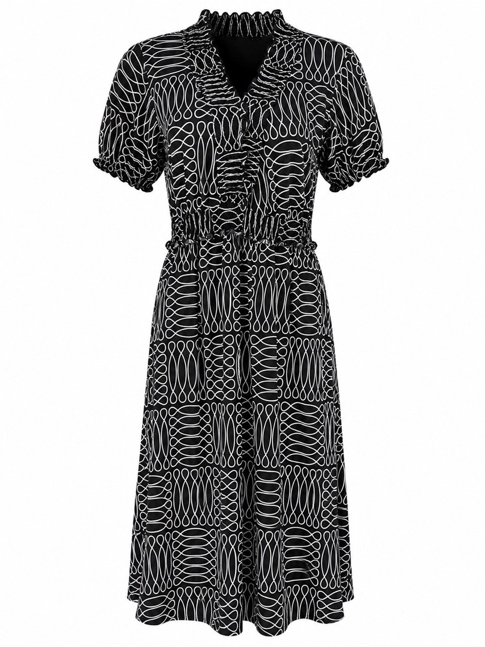 En Focus Women 14W Black White Geometric Midi Dress Short Sleeve Smocked Empire